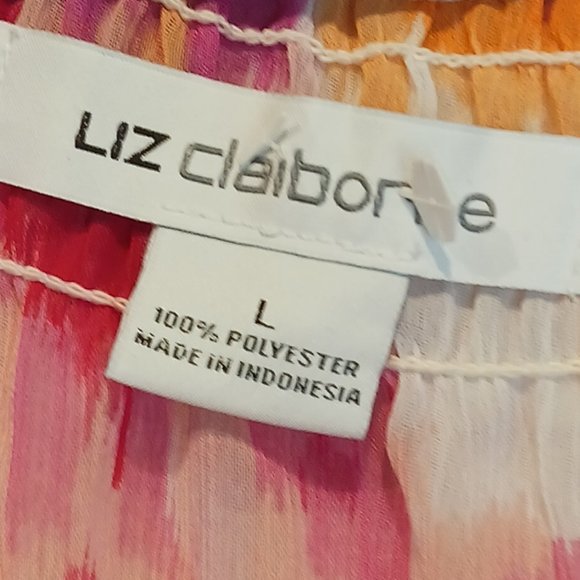Liz Claiborne soft Bright neon pink Watercolor Peasant top blouse size Large LG - Picture 3 of 5